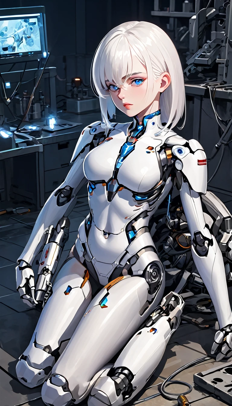 android woman with blue eyes and shoulder-length white hair and body with white robotic parts. lying on the floor of a laboratory and her armor with damaged parts. consistent character