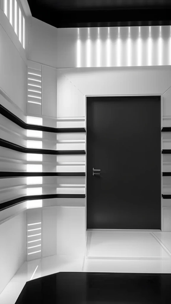 Within the modern, monochrome interior space, dynamic lines and architectural elements fill the space. In the center, there is a black screen panel surrounded by white structures with different textures and patterns. Elegant metal details and ambient lighting add to the futuristic aesthetic. Make sure the final image has a 9:16 ratio, suitable for smartphone wallpaper or digital displays in portrait orientation.