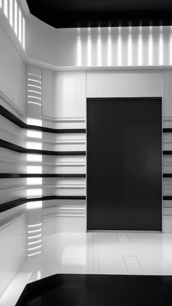 Within the modern, monochrome interior space, dynamic lines and architectural elements fill the space. In the center, there is a black screen panel surrounded by white structures with different textures and patterns. Elegant metal details and ambient lighting add to the futuristic aesthetic. Make sure the final image has a 9:16 ratio, suitable for smartphone wallpaper or digital displays in portrait orientation.