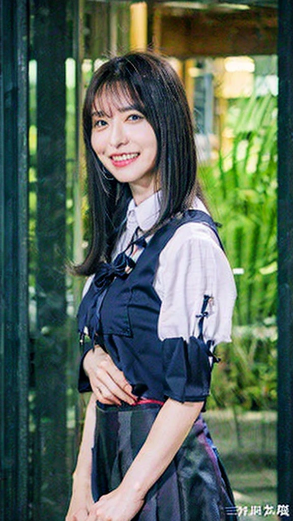 (8k, RAW photo, best quality, mastery:1.3),(realistic,photo-realistic:1.37),(night),(looking viewer:1.331),(white hair),posing,Tokyo street,nightcityscape,cyberpunk city,soft light, 1girl, extremely beautiful face, perfect body proportions, focal length, bust, casual hairstyle, smile, big eyes, (short sleeves JK_shirt), JK_style, (navy JK_skirt), (bow JK_tie), mix4, detailed eyes