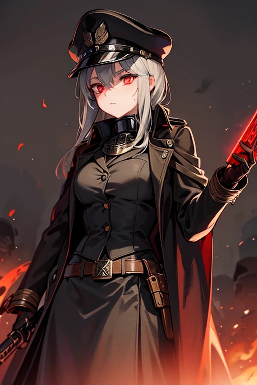 Dark steampunk officer, dark fantasy, holding a pistol, gasmask with red glowing eyes, coat, hat, intimidating, executing villagers, german ww2 style