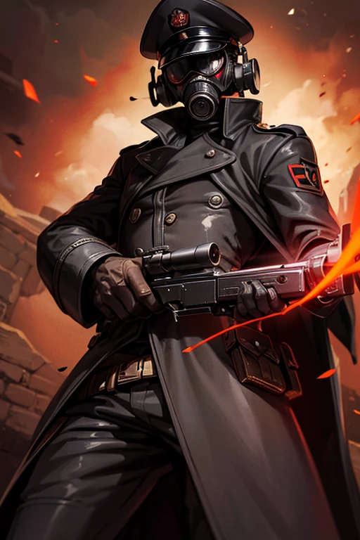 Dark steampunk officer, dark fantasy, holding a pistol, gasmask with red glowing eyes, coat, hat, intimidating, executing villagers, german ww2 style