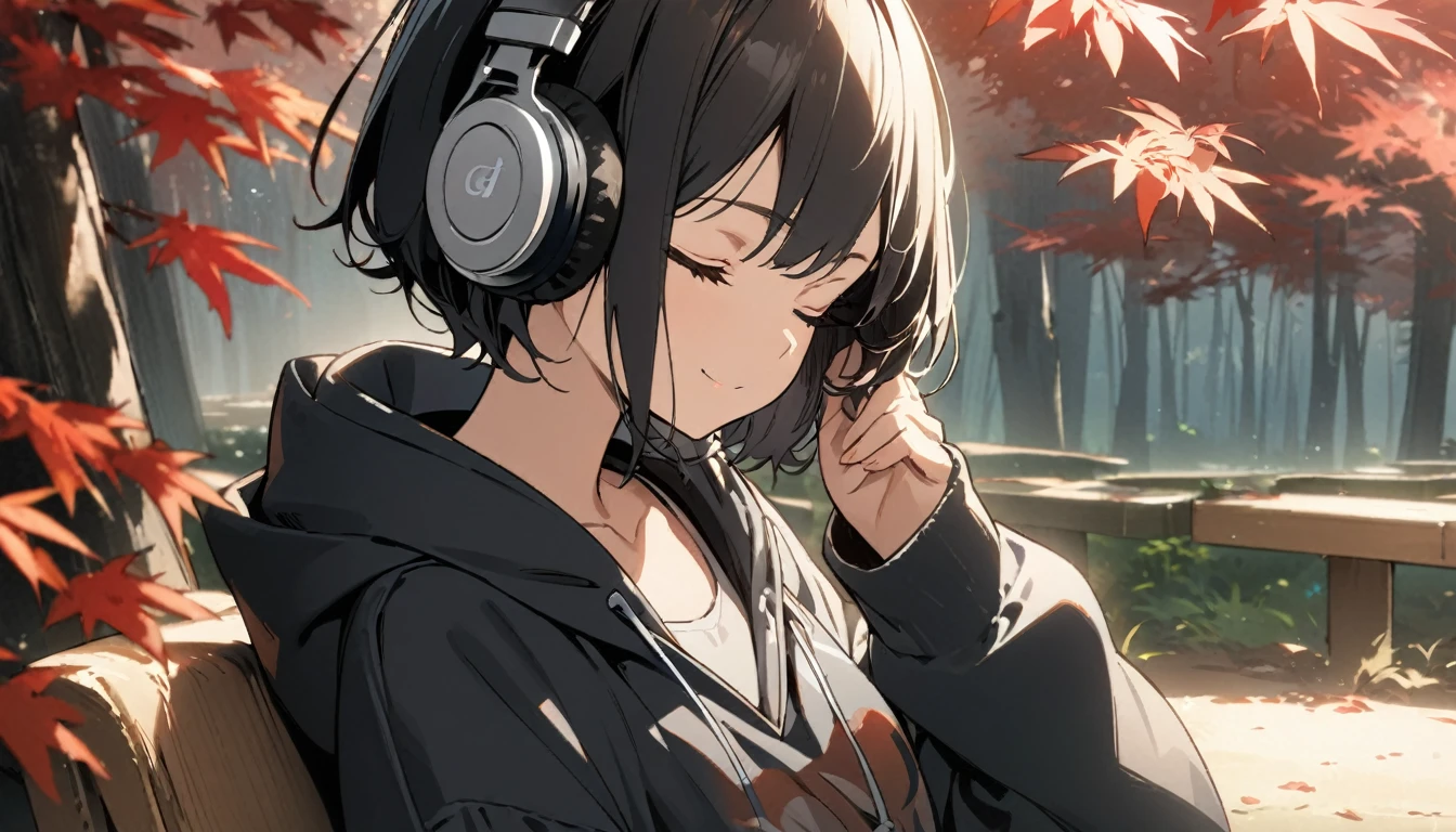 1girl, solo, gentle smile on her face flat chest, short hair, black hair, upper body, ((masterpiece, illustration, best quality)) ((best quality)), ((masterpiece)), (detailed), perfect face, sitting under the japanese maple forest, listening to music, One woman, wearing headphones, eyes closed, wearing a hoodie