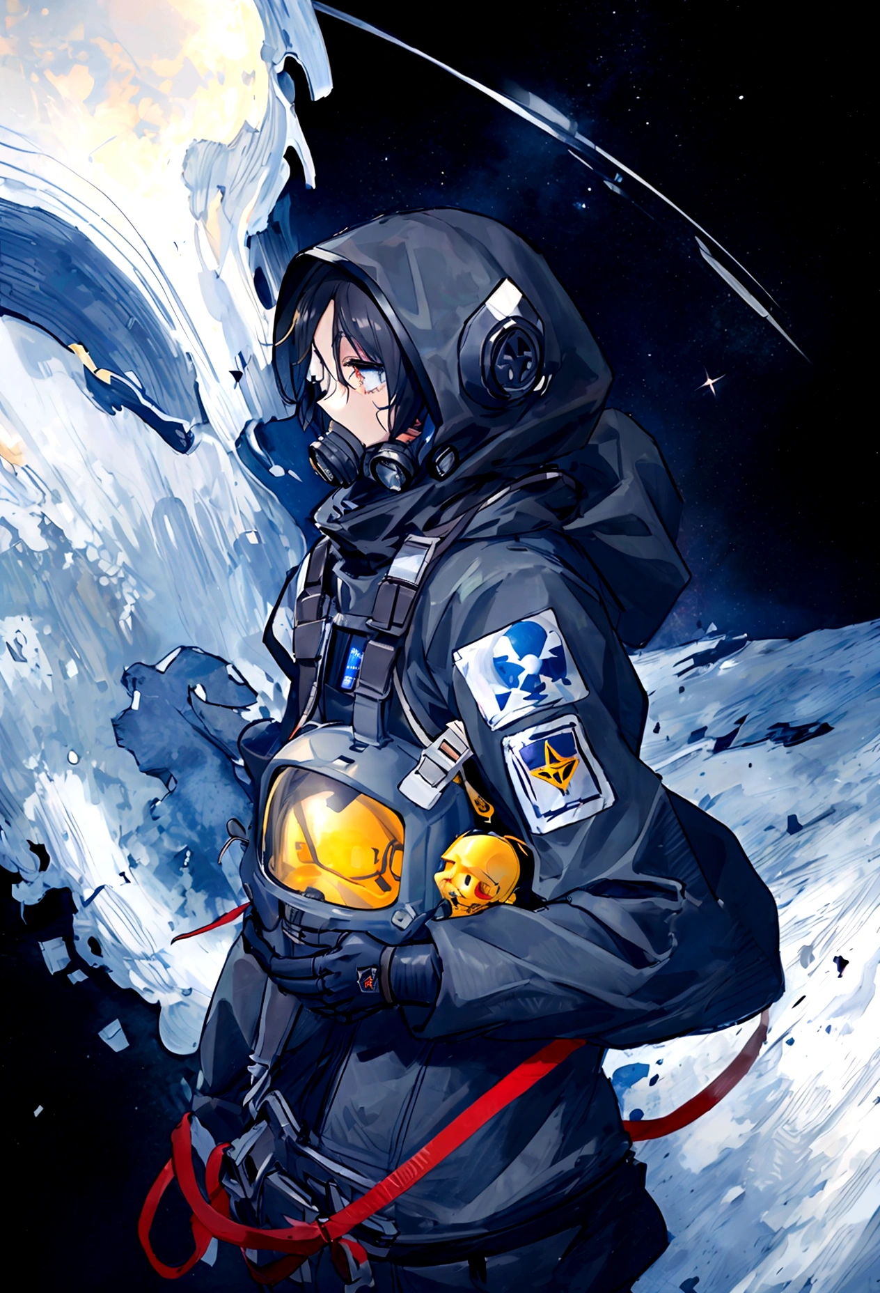 skeleton astronaut floating in space, gas mask , void of stars in the background