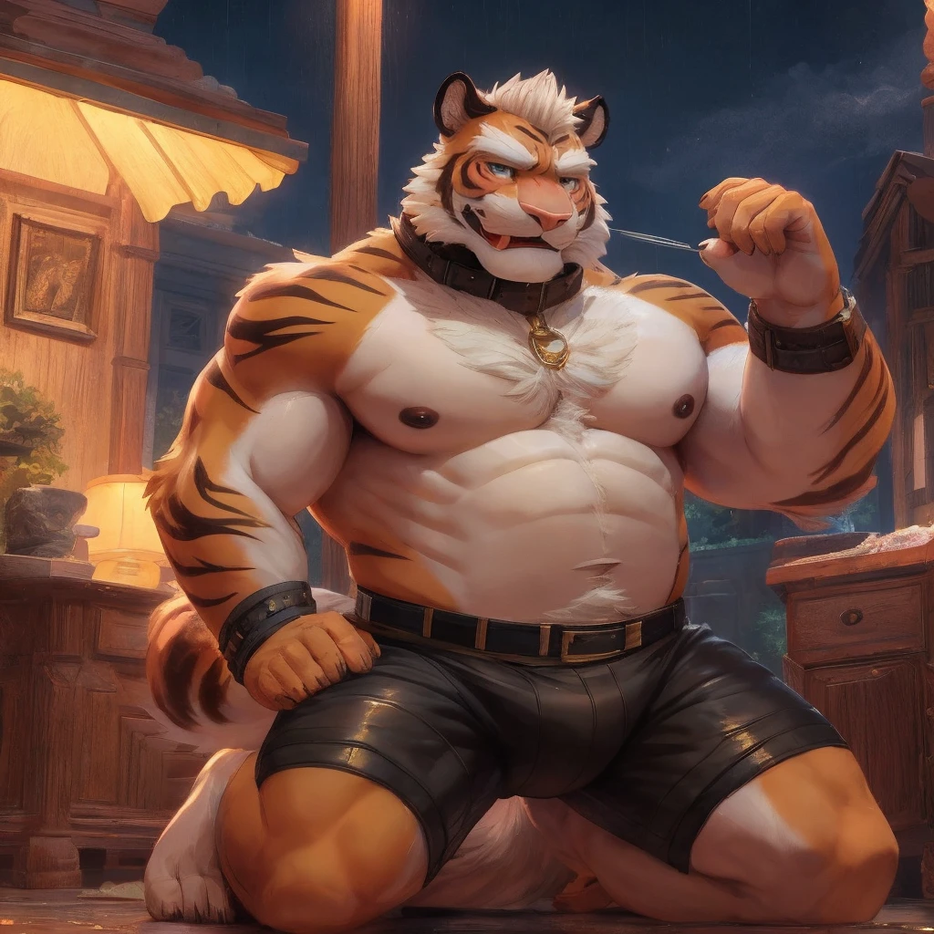 (masterpiece),(Very detailed),(best quality),8K,(high quality),(Ultra high quality),(Very detailed),solitary,Break,tiger,Hairy body,Furry Characters,White sweatshirt,Black shorts,Best image quality,A kind smile,Father role,Eye details,Shrugging ears,Airplane ears,Rainy Day,Gloomy sky,Middle-aged and elderly people,Tiger-type orcs,masterpiece,Fluffy tail,Detailed facial details with legs spread,male,Topless,Unobstructed access from thigh to foot,The crotch is hugely raised,Cortical arm ring,Leather collar,Stick out your tongue,Indecent Expressions,blush,Kneeling,Get on all fours,For the audience,Briefs,from the side,((Wrap the limbs with belts))
