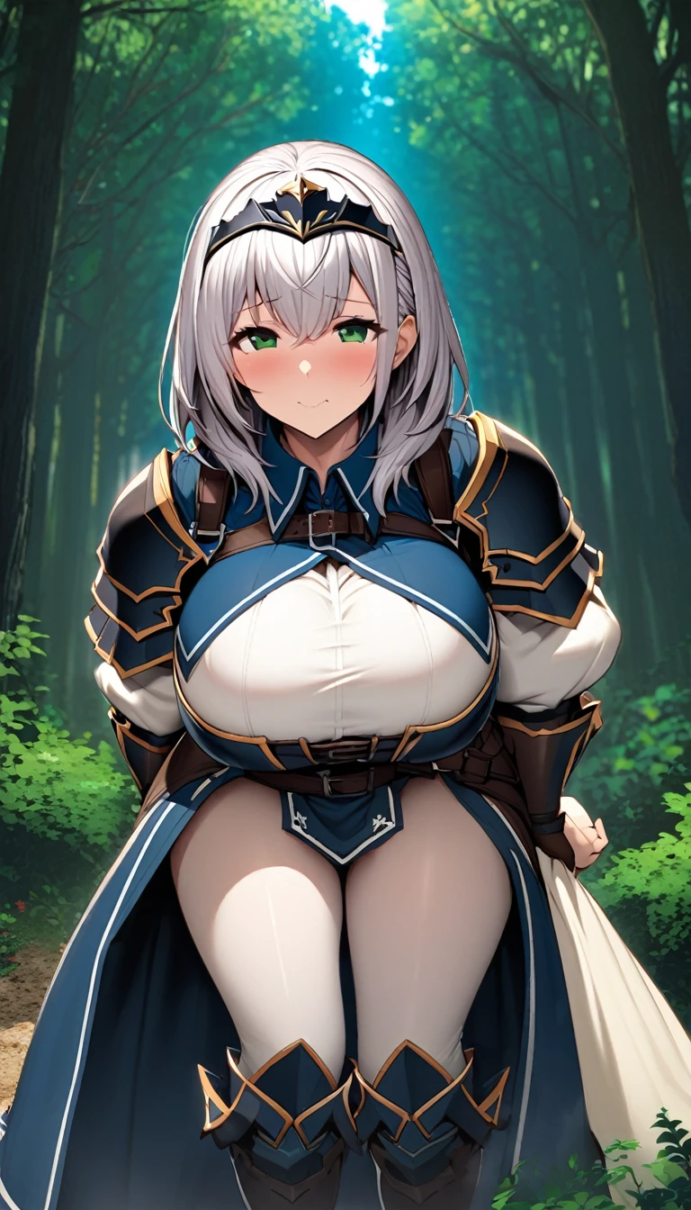 shirogane noel,1girl,solo,shirogane noel costumes,gigantic huge breasts,looking at viewer,near,worried-looking,Bending forward posture,Taken from the front,in the forest