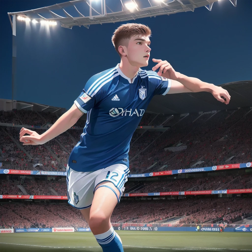 there are many people watching a soccer game on a big screen, best on adobe stock, split screen, sports photography, cover shot, in style of kyrill kotashev, highlight, wide image, shutterstock, official artwork, promo image, highly rendered, bottom angle, widescreen shot, wide angle dynamic action shot, high quality image, soccer players timo werner