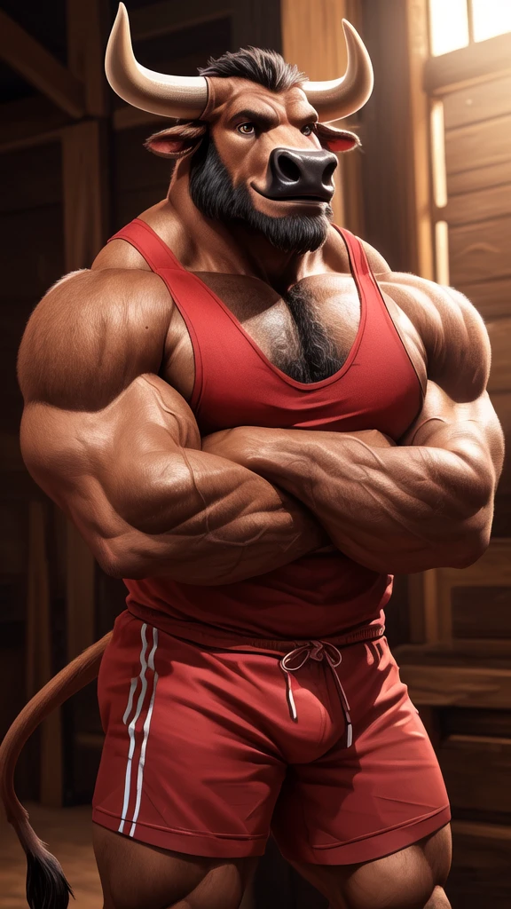 4k, high resolution, best quality, perfect colors, perfect shadows, posted on e621, portrait shot, furry body, solo,
anthro brown minotaur, (monotone brown fur, anatomically correct bovine tail:1.3), male, (middle-aged, mature:1.2), (curved bovine horns), (focus on face, black bovine nose, hazel eyes, human eyes, black beard:1.35), (strongman, heavily muscular, beefy, massive, veiny, buff, manly, masculine:1.21), correct anatomy, (photorealistic fur, detailed fur, epic, masterpiece, smile:1.2), (photographic rendering, soft lighting:1.5), (nails on hands), detailed eyes, (long white sports tank-top:1.3), (red shorts:1.4), ((arms crossed)), best posture, powerful hooves