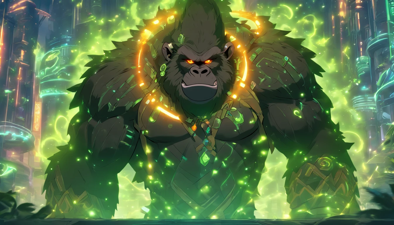 Ancient anime style, artbook, comicbook, RPG, futuristic medieval, steampunk.  A magical secret agent man orc gorilla, wearing a modern and elegant thin suit with glowing magic circuits, dynamic gorilla pose, full body, green ork face with glowing magic tribal tattoos with warm tones, gorilla features, gorilla tail, fur of gorilla in orc ears, glowing eyes, using a technological magic long staff with glowing magic circuits.  A metropolis of a kingdom of an ancient civilization with advanced technology, with tall buildings with neon details, mixing technology with magical vegetation, steampunk.  Wide scenery, cinematic scene with several layers of depth, dynamics, magical lighting.