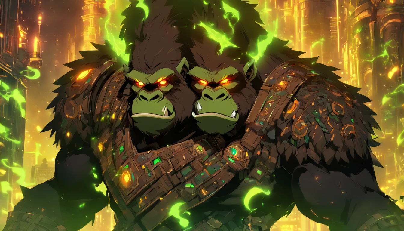 Ancient anime style, artbook, comicbook, RPG, futuristic medieval, steampunk. A magical secret agent man orc gorilla, wearing a modern and elegant thin suit with glowing magic circuits, dynamic gorilla pose, full body, green ork face with glowing magic tribal tattoos with warm tones, gorilla features, gorilla tail, fur of gorilla in orc ears, glowing eyes, using a technological magic long staff with glowing magic circuits. A metropolis of a kingdom of an ancient civilization with advanced technology, with tall buildings with neon details, mixing technology with magical vegetation, steampunk. Wide scenery, cinematic scene with several layers of depth, dynamics, magical lighting.