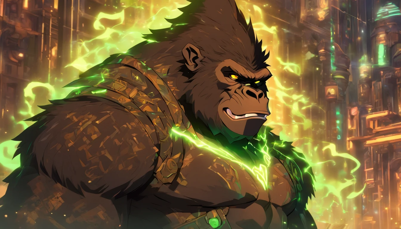 Ancient anime style, artbook, comicbook, RPG, futuristic medieval, steampunk.  A magical secret agent man orc gorilla, wearing a modern and elegant thin suit with glowing magic circuits, dynamic gorilla pose, full body, green ork face with glowing magic tribal tattoos with warm tones, gorilla features, gorilla tail, fur of gorilla in orc ears, glowing eyes, using a technological magic long staff with glowing magic circuits.  A metropolis of a kingdom of an ancient civilization with advanced technology, with tall buildings with neon details, mixing technology with magical vegetation, steampunk.  Wide scenery, cinematic scene with several layers of depth, dynamics, magical lighting.