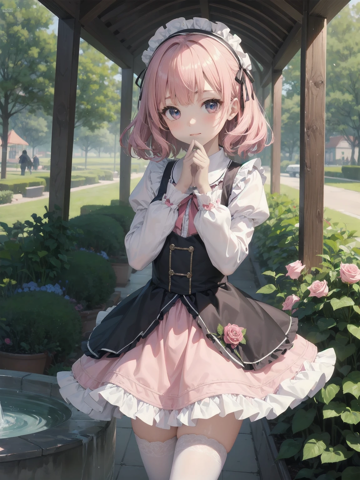 (Masterpiece: 1.2), (Best quality: 1.2), Superb resolution, Very detailed. BREAK. ((Anime girl in sweet lolita-inspired uniform)), clear girl, (1, Shy, 9 years old: 1.3), soft smile, demure pose, curly pastel hair, doe eyes,  figure, (Top quality: 1.2), very high resolution, very detailed. Expressive eyes, beautifully detailed lips, high resolution detailed hair, perfect face, porcelain skin, delicate hands, perfect lighting. BREAK. ((Frilly lolita-style uniform with lace details)), ((Pink blouse with puff sleeves, white pinafore, rose patterns: 1.3)), knee-high socks with bows, platform shoes. BREAK. (School garden), flower beds, gazebo, fountain, soft sunlight, (cowboy shot composition: 1.2). BREAK. ((Positive: 1.3)). BREAK. Digital animation art, sweet lolita anime style illustration