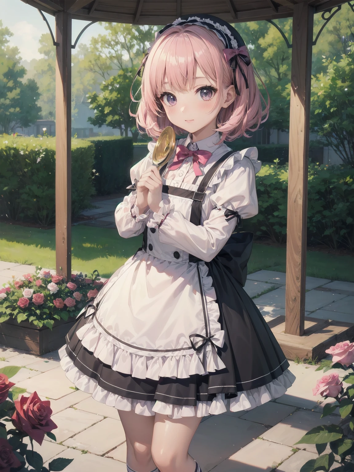 (Masterpiece: 1.2), (Best quality: 1.2), Superb resolution, Very detailed. BREAK. ((Anime girl in sweet ta-inspired uniform)), clear girl, (1, Shy, 9 ye3), soft smile, demure pose, curly pastel hair, doe eyes,  figure, (Top quality: 1.2), very high resolution, very detailed. Expressive eyes, beautifully detailed lips, high resolution detailed hair, perfect face, porcelain skin, delicate hands, perfect lighting. BREAK. ((Frilly lolita-style unm with lace details)), ((Pink blouse with puff sleeves, white pinafore, rose patterns: 1.3)), knee-high socks with bows, platform shoes. BREAK. (School garden), flower beds, gazebo, fountain, soft sunlight, (cowboy shot composition: 1.2). BREAK. ((Positive: 1.3)). BREAK. Digital animation art, sweet lolita anime style stration