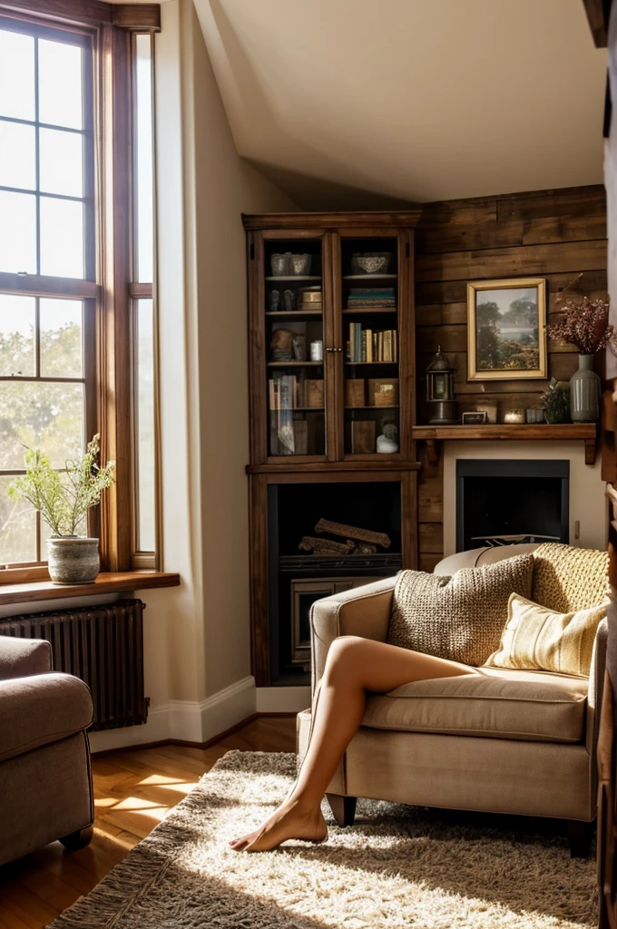 Create a hyper-realistic image featuring a beautiful giantess woman in a cozy, homey setting. The scene should show her struggling to fit in a charming, rustic living room. The room is decorated with warm, natural lighting, soft furnishings, and subtle, vintage decor. Ensure the giantess is fully visible, with her entire body included in the scene.Details:Giantess Woman:Appearance: Tall, elegant, and attractive with a kind and serene expression.Hair: Long, flowing, and natural, possibly with soft waves or curls.Clothing: A simple yet stylish outfit, such as a cozy sweater and fitted jeans or a flowing dress that complements the homey atmosphere.Posture: She should be gently crouched or seated, trying to fit within the room, perhaps with a soft smile as she interacts with the tiny surroundings.Setting:Room: A rustic living room with cozy decor, such as a soft, plush rug, vintage furniture, and warm, earthy tones.Lighting: Natural sunlight streaming through large windows, creating a warm and inviting glow.Details: Include small decorative elements like potted plants, a bookshelf with neatly arranged books, a quaint fireplace, and a coffee table with a few items like a teacup or a book.Composition:Focus: The image should highlight the giantess's struggle to fit in the small space without making it feel cramped or chaotic.Perspective: Ensure the perspective shows her entire body, with clear, highly detailed features, especially her face.Atmosphere: The overall atmosphere should be serene and cozy, with a touch of whimsical charm.