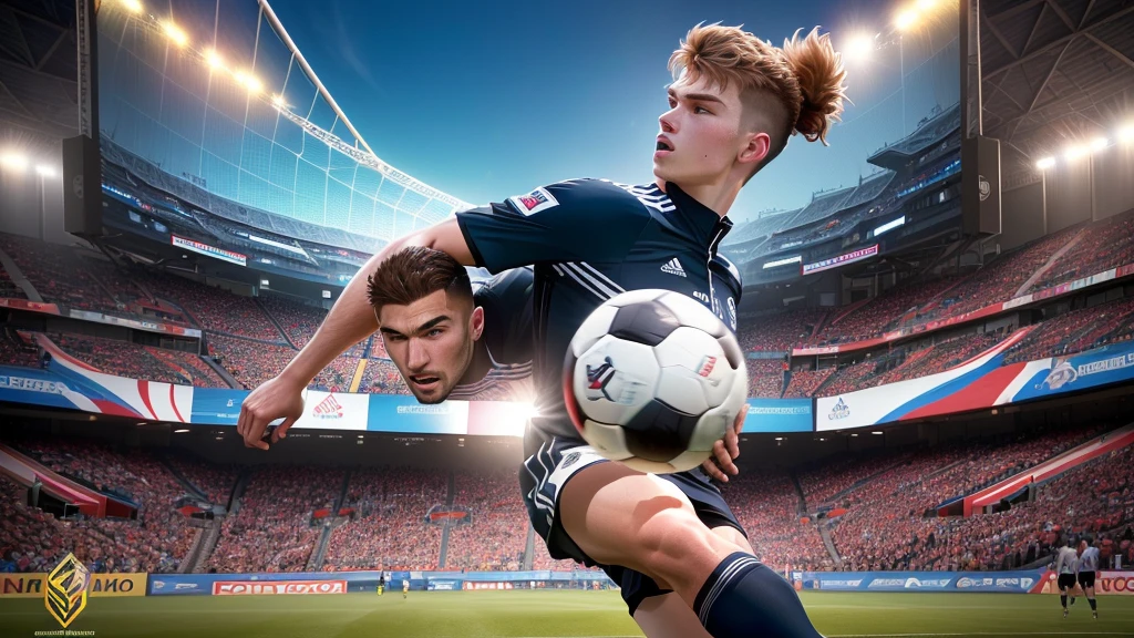 there are many people watching a soccer game on a big screen, best on adobe stock, split screen, sports photography, cover shot, in style of kyrill kotashev, highlight, wide image, shutterstock, official artwork, promo image, highly rendered, bottom angle, widescreen shot, wide angle dynamic action shot, high quality image, soccer players timo werner