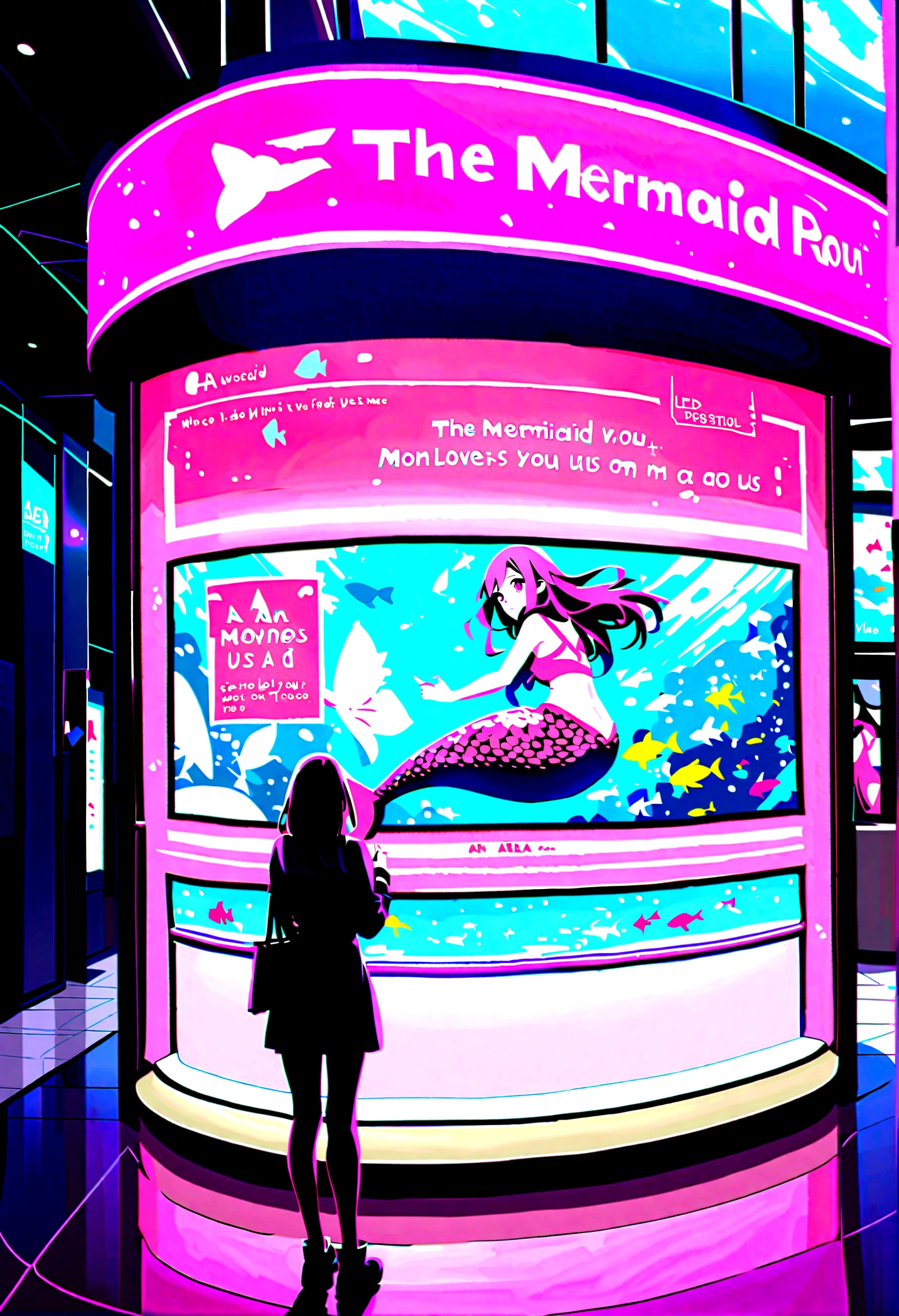 Aquarium background, a woman in an aquarium, interactive signage, a tall sign, interactive art, digital signage, a sign showing a mermaid, the mermaid moves the same way as you, digital display, bright A sign, an LED display, a mermaid inside the sign looking at us. There are people watching it. This is a view from behind of a person looking at a signboard.