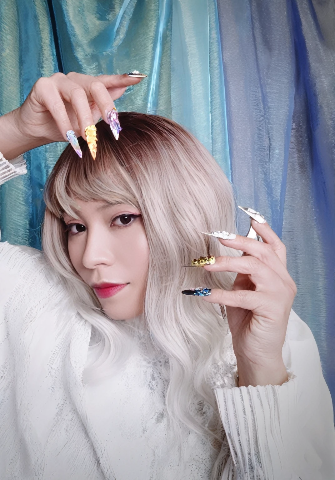 blond woman with long white hair and colorful nails holding a pair of scissors, long claws, with the index finger, with long white hair, with long white hair, long nails, long nails, with claws, with fingers, two white tails_gauntlets, shining claws, claws are up, japanese gyaru portrait, claws, painted nails, long fingers, magical and elegant background 