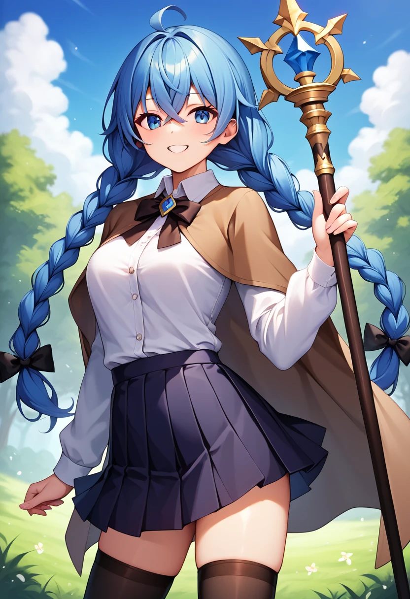 EIRoxy, 1girl,solo,long hair,looking at viewer,smile,bangs,blue eyes,skirt,shirt,thighhighs,long sleeves,ribbon,holding,hair between eyes,twintails,very long hair,blue hair,standing,jacket,hair ribbon,white shirt,braid,pleated skirt,outdoors,sky,day,collared shirt,black thighhighs,miniskirt,black skirt,twin braids,tree,blue sky,black ribbon,capelet,staff,crossed bangs,holding staff,brown cape,brown capelet