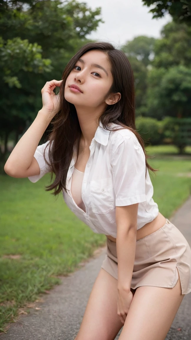 ((Extremely precise and accurate anatomy)), (((Low angle shooting、Looking into the camera:1.22,Leaning forward、Open shirt、No underwear)))、(((8K、Highest quality、masterpiece、Ultra-high resolution)))、(Realistic:1.4)、RAW Photos、(Real skin texture:1.3)、(Film Grain:1.3)、((Are standing、Skirt flutters in strong winds、Under the skirt、Do not bend your legs、don&#39;t bend your knees、Spread your thighs、Beachside、))、One Girl、Beautiful and detailed eyes and face、masterpiece、Highest quality、close、thin、Japanese Uniform、dynamic、barefoot、Various poses、