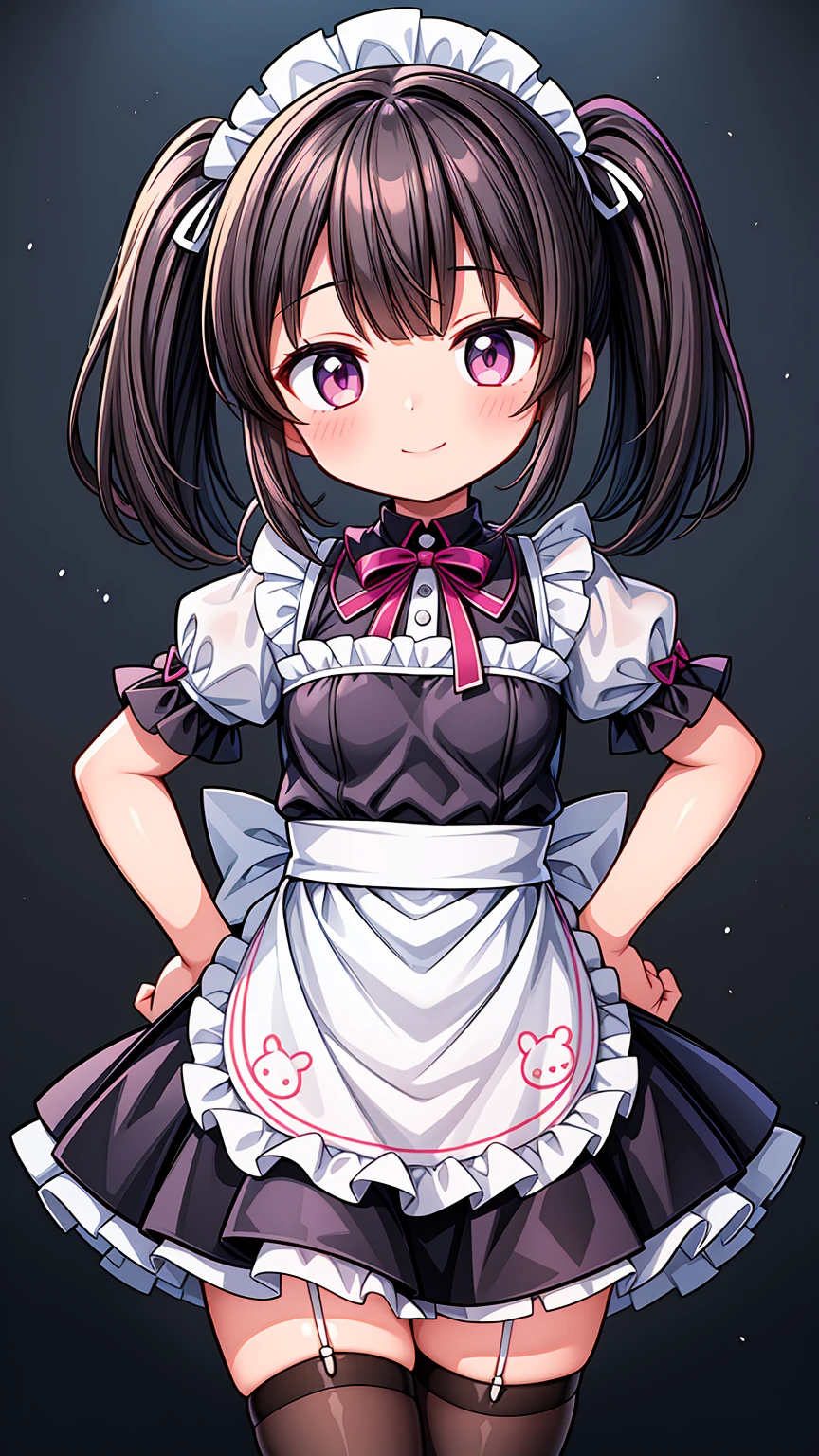 (Highest image quality), (highest quality), (masterpiece), (dynamic lighting), (photo realism), maid uniform, detailed face, ((loli)), ((girl)), (little curve), short black hair, one side ponytail hairstyle, pink eyes, ((very small bust)), (apron), smile, winking, kitchen background, ((very blushing)), ((detailed hands and fingers)), hands on the hips, viewer perspective from below, (blush), more detailed, EasyNegativeV2