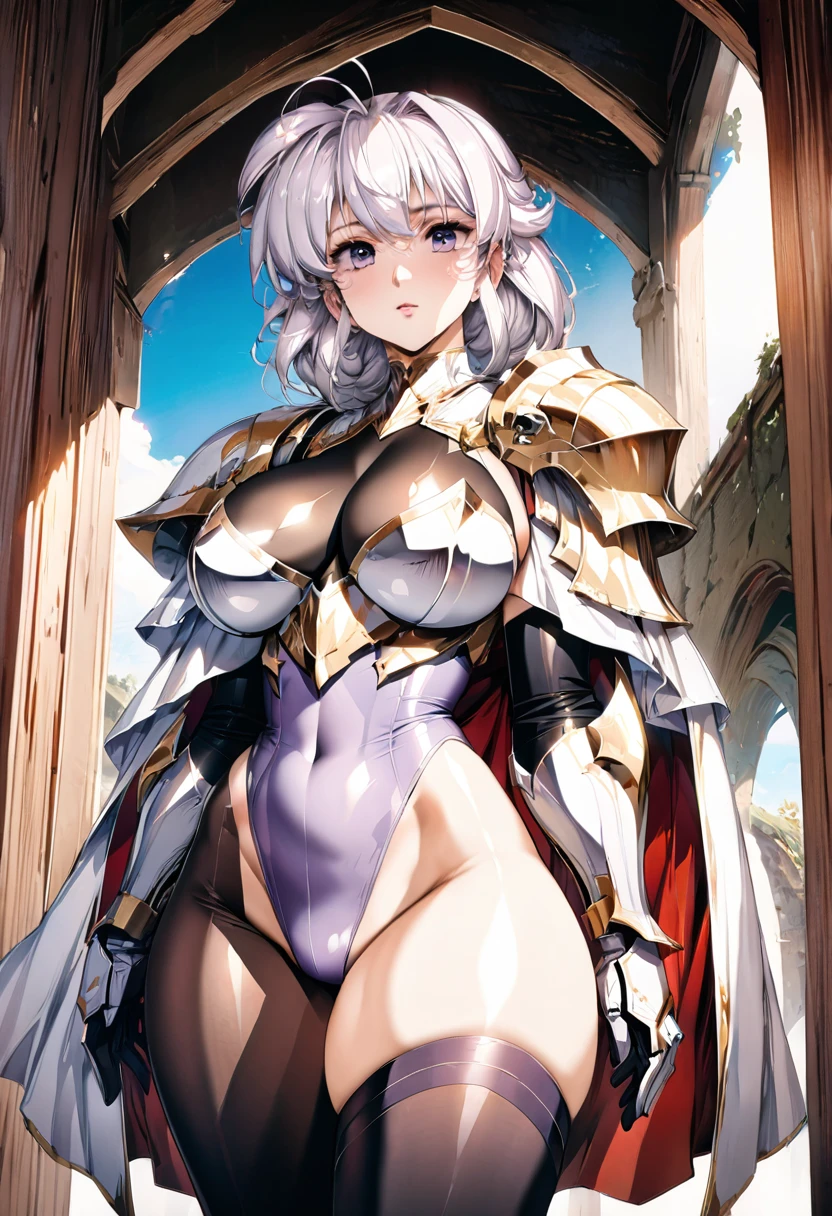 ((highest quality)), ((masterpiece)), ((hyperrealistic)), (detailed background), anime style, solo, shoot from below, 1girl, ((curvy: 1.2)), kawaii, paladin, ((Lamé racing light purple leotard)), ((catsuit leotard)), (paladin armor), (plate armored dress), cloak de cour, gauntlet, gloves, white hair, ahoge, (huge breast-through cleavage cutotai ryouiki black thigh high socks), (black see-through pantyhose thighs), (Srough pantyhose groin area), beal eyes, perfect face, Perfect hands, perfect fingers, Blue sky and grassland,