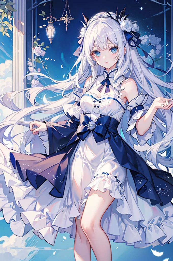White-haired, blue-eyed girl、Long and wavy、hair ornaments、Fluffy white dress、race、ribbon、Roses on the background