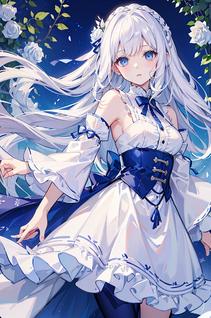 White-haired, blue-eyed girl、Long and wavy、hair ornaments、Fluffy white dress、race、ribbon、Roses on the background