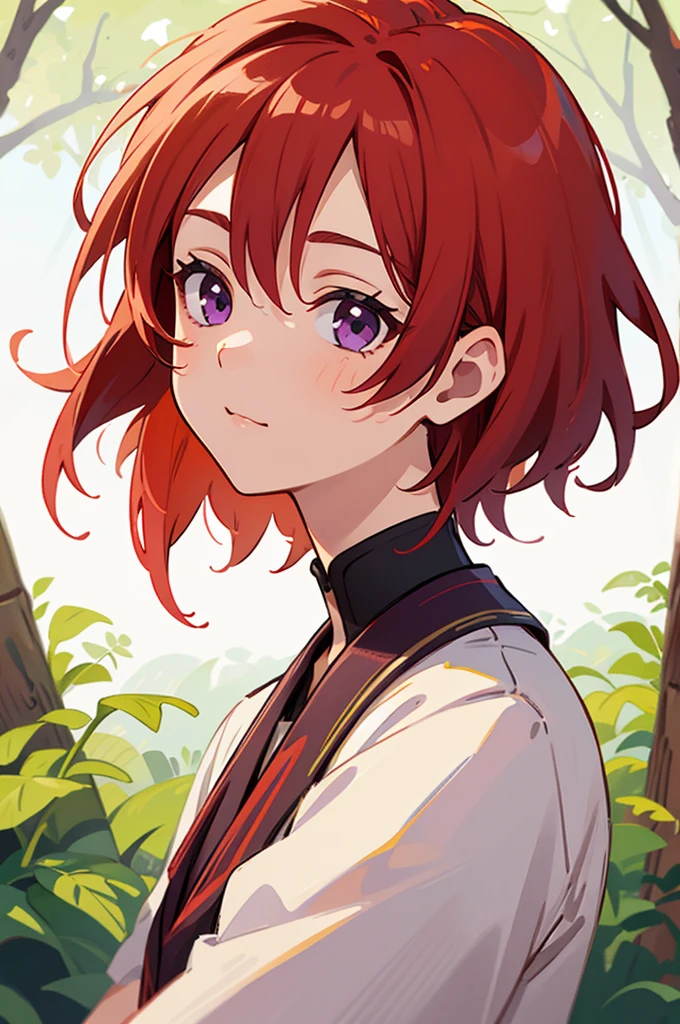 ((Best quality)), ((masterpiece)), (detailed), perfect face, lovely guy, 17 years, Red hair, short hair, Bright purple eyes, in beautiful clothes, In the woods