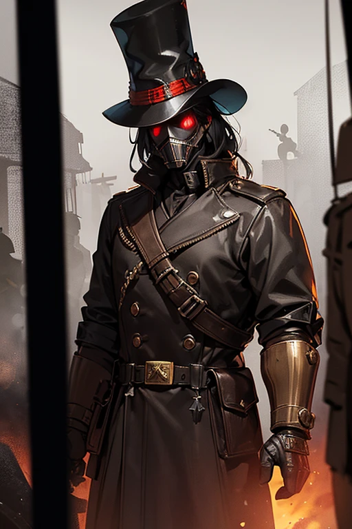 a dark steampunk officer, dark fantasy, holding a pistol, gasmask with red glowing eyes, long coat, tall hat, intimidating, executing villagers, german ww2 style, highly detailed, 8K, photorealistic, cinematic lighting, dramatic shadows, moody colors, dramatic poses, intricate mechanical details, brass and copper accents, rugged textures, dystopian atmosphere