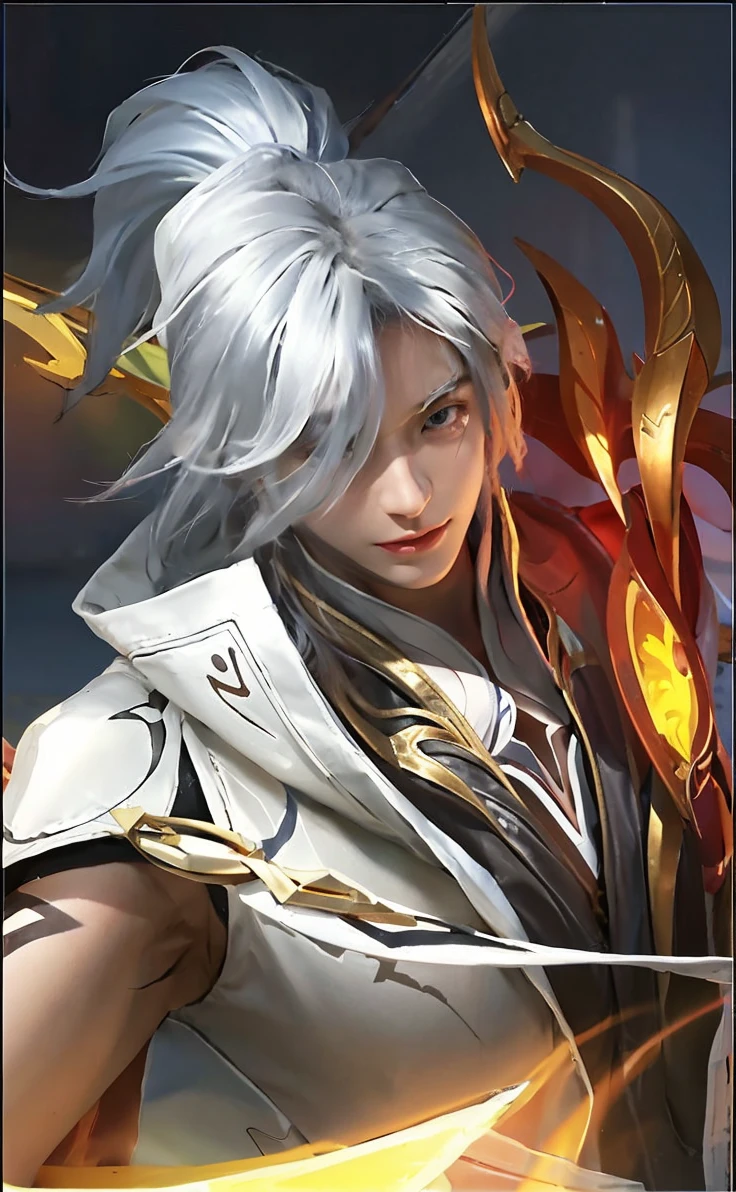 best quality, ultra high resolution, (realistically:1.4), a boys, A pair of clear and charming peach blossom eyes,Younger brother,a sense of atmosphere,a handsome man(faded gray hair:1), (Big cleavage:1.3), looking at the audience, Close-up cleavage ,