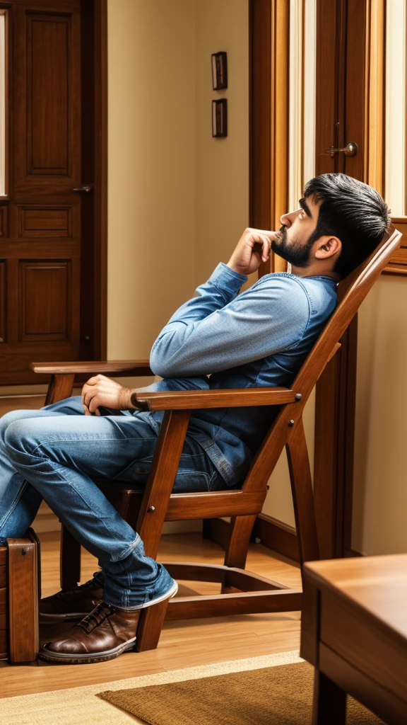 sad man without money, sitting on a chair at home