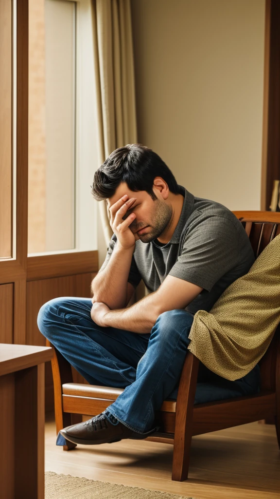 sad man without money, sitting on a chair at home 