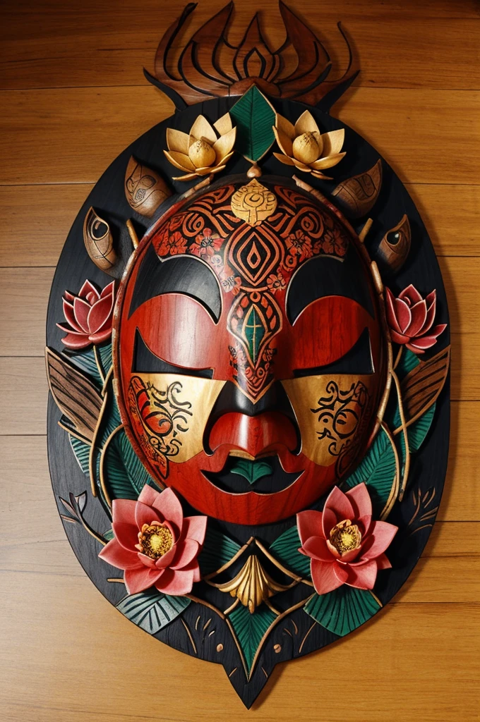 Create a feminine wooden aku aku with lotus flower decorations, moon and water embedded in the mask and another feminine uka uka adorned with lotus flowers, the moon and water embedded in it that looks like a shamanic mask