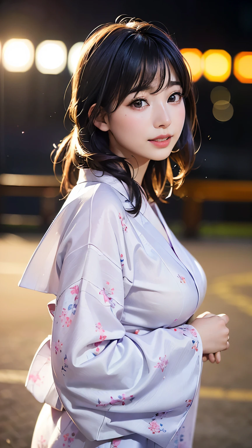 (logo、masterpiece、8K、Tabletop、RAW Photos、wonderful、最high quality、フォトリアリスティックでVery detailedな CG 複合 8K 壁紙、high quality、Very detailed、Narrative poem、Particle Effects、Dynamic Effects、Depth of the Boundary、Cinematic Light、Lens flare、Ray Tracing)、 (One beautiful woman wearing a yukata、White yukata、Light purple pattern)、Black-haired、High definition skin、Very fine、Fine skin texture、Beautiful Face、True Face、Beautiful details in the eyes、Realistic eyes、Beautifully detailed eyes、Realistic Skin、Beautiful Skin、Surreal、Smiling Eyes、Hair and light eyes、vivid、Colorful lights and bokeh、plump lower lip、Pink Lips、Hair flutters in Wind、Hair bounces、wonderful景色、night、evening、Wind、moonlight、moonlight、light