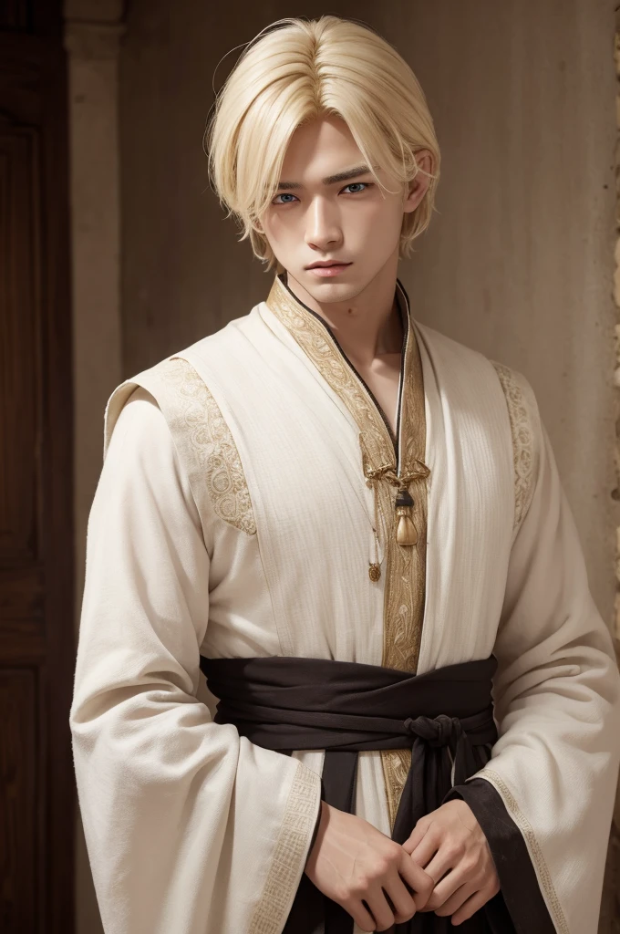 a man with blond hair and white skin and dark eyes and peasant clothes