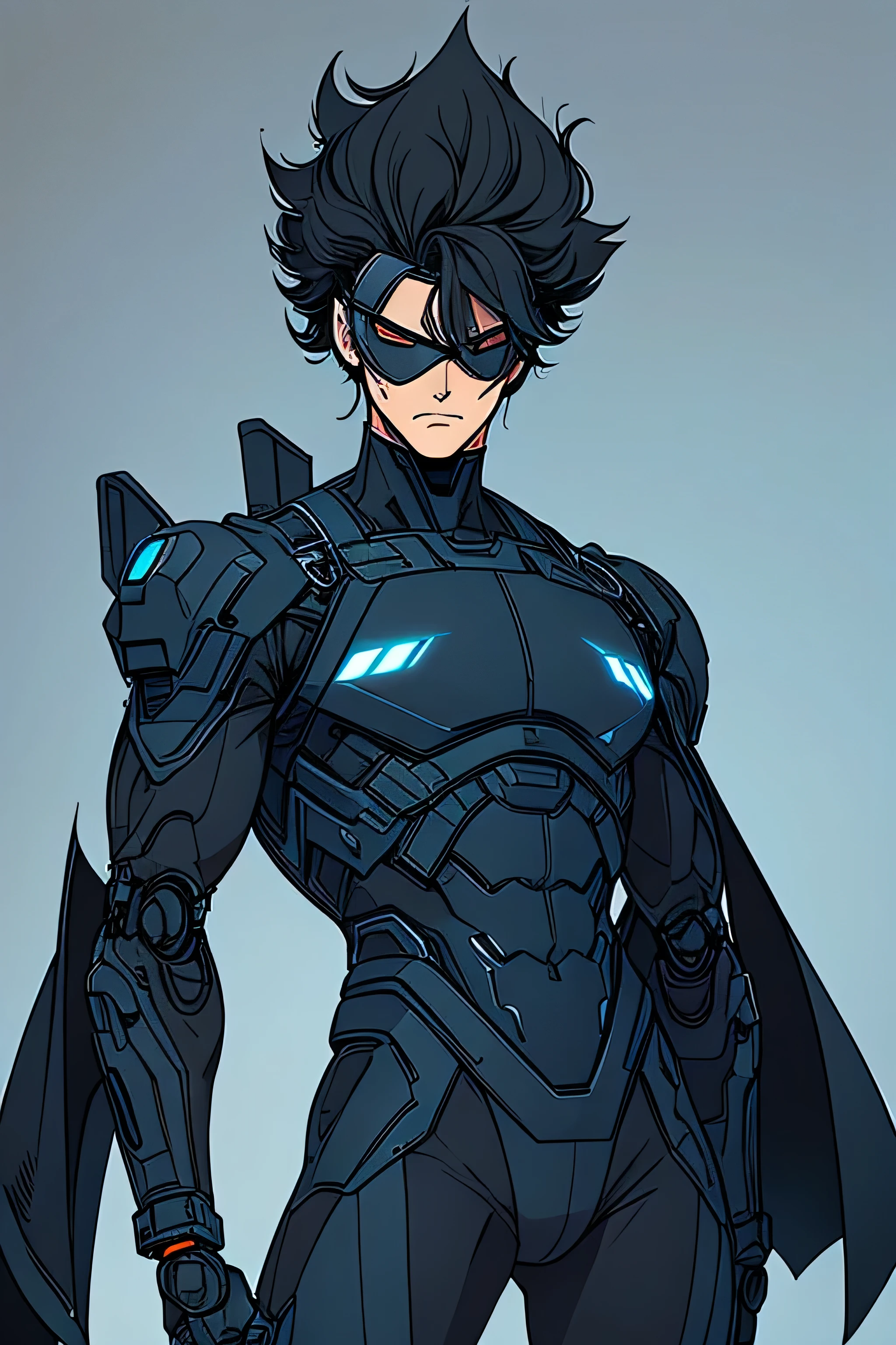generate a guy wearing an all black robotic suit, he has a visor, with his hair siticking out from the top of the suit, his hair is black and properly trimmed comic style anime bold lines
