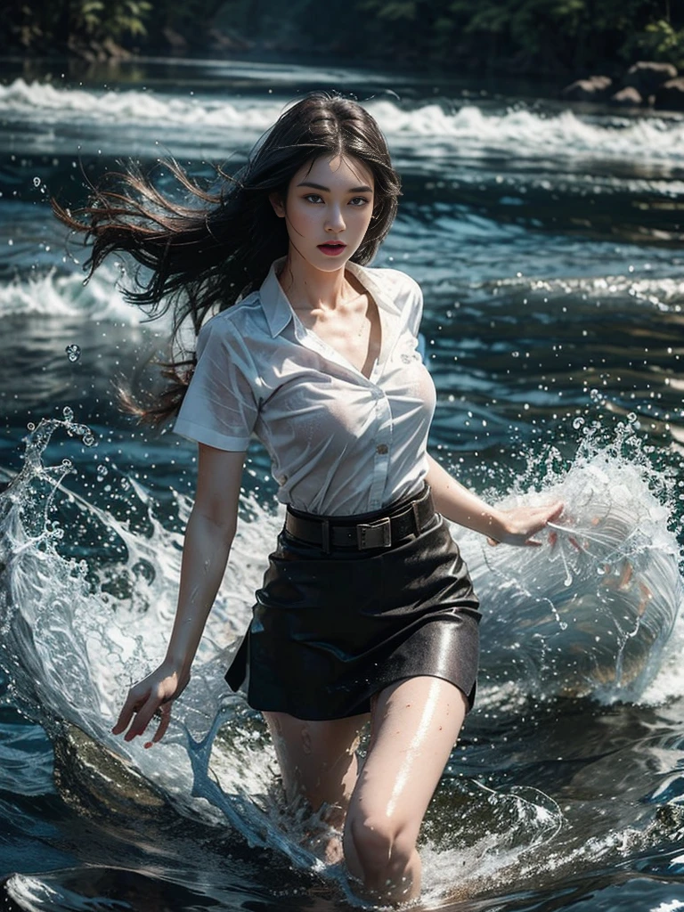 18s woman in thai university uniform, wet long straight hair, white wet plain button up shirt, black wet tight mini skirt, brown belt, white sneakers, masterpiece:1.2, high detail, realistic, cinematic scene, slim and perfect figure, perfect body proportions, 16k, portrait photo, dynamic pose, dynamic compositions, water, surrounded by heavy swirl water, motion blur, long exposure, at sea shore, martial arts, blue light tone, water magic, (water element:1.2), water goddess, xuer martial arts, insane detailed on face, close up, water droplets on the skin, rain drips all over her body, wet body, black bra, long exposure, selective focus