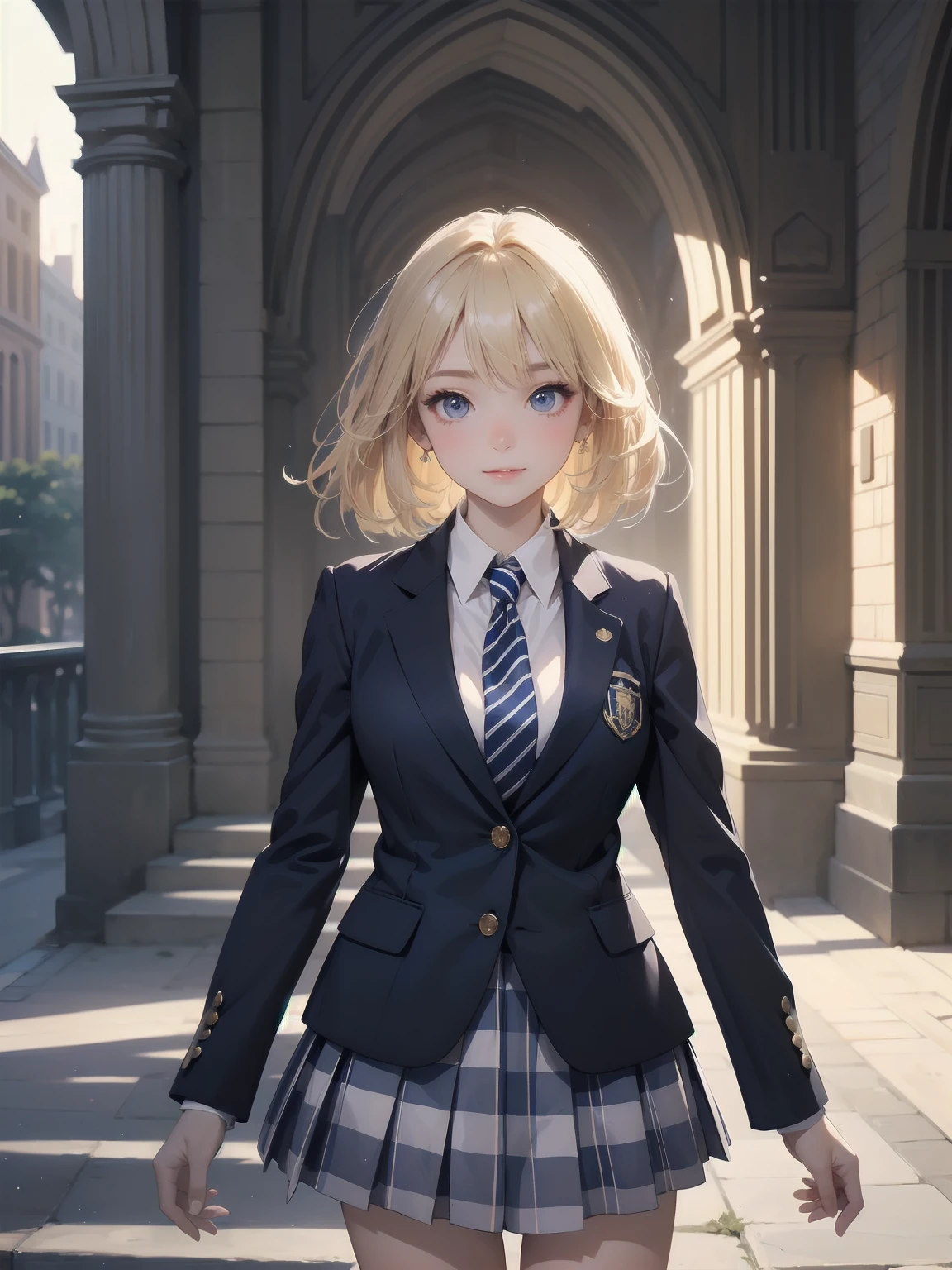 (masterpiece: 1.2)、(Highest quality: 1.2)、Highest resolution、Very detailed。 break。 ((Anime girl in preppy uniform))、Transparent Girl、(1、Confident、: 1.3)、Charismatic smile、Calm posture、Wavy hair down to the shoulders、Bright Eyes、Slim figure、(Highest quality: 1.2)、Very high resolution、Very detailed。Expressive eyes、Beautifully detailed lips、High resolution detailed hair、Perfect Face、Clear Skin、Manicured hands、Perfect lighting。 break。 ((Preppy uniform with school crest))、((Navy blazer、White shirt、Striped tie、Checkered Skirt: 1.3))、Knee-high socks、Oxford Shoes。 break。 (School courtyard)、Grand entrance、Clock tower、Students in the background、(Framing a Cowboy Shot: 1.2)。 break。 ((positive: 1.3))。 break。Digital Animation Art、Preppy anime style illustration