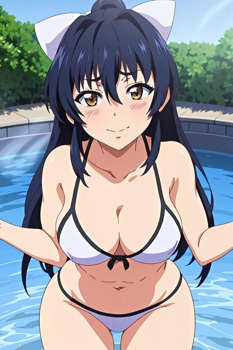 shinkai makoto, kimi no na wa., 1girl, bangs, black hair, brown eyes, waterfall braid, red ribbon, long hair, solo,  blush, looking at the viewer, bedroom, night, swimsuit, bikini, light pink bra, breast, medium breast, light pink panties, masterpiece