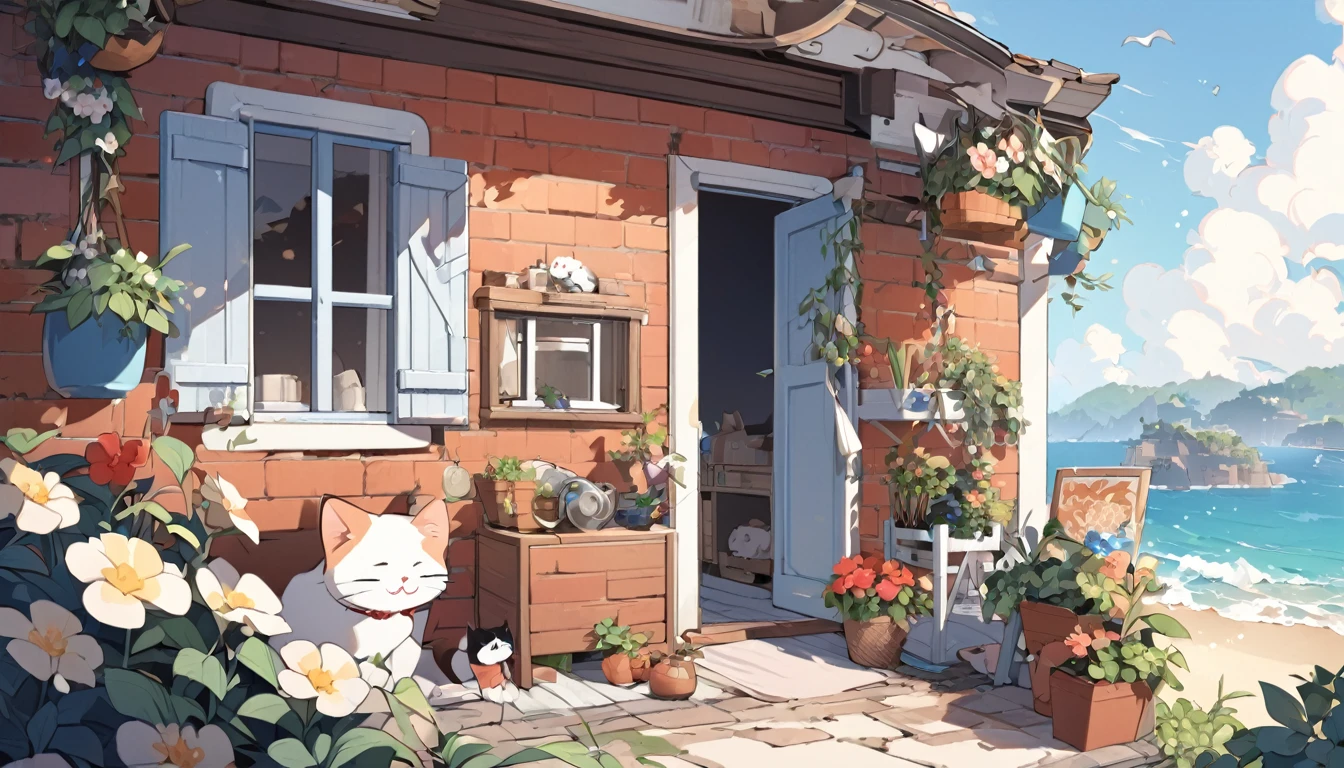 Seaside brick house、A very cute  is playing with a cat、Foliage plant、Beautiful flowers、