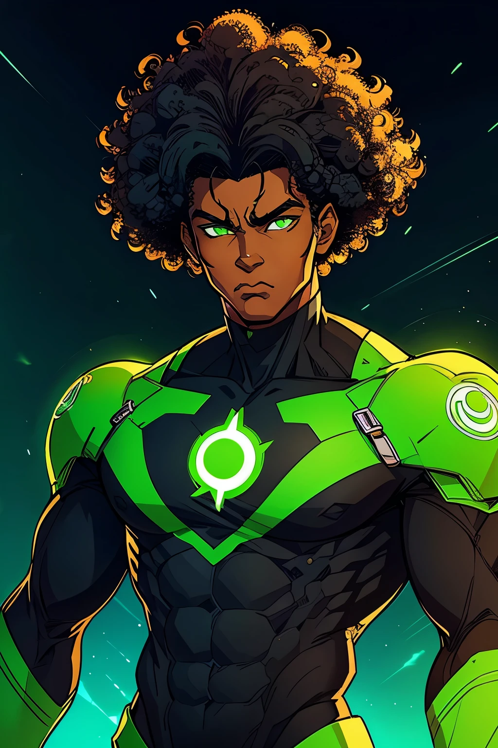 generate a black american with afro, speedster with a green and black suit, his logo on his chest is lighting, he has afro hair, and has green eyes, comic style anime bold lines