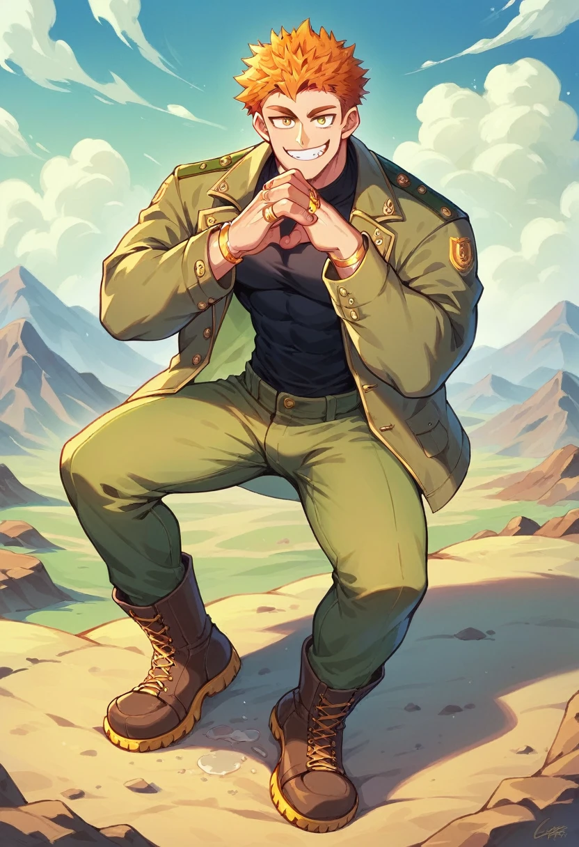 NSFW,Muscular man(defined body, Gold rings on every finger, Light blue gangster jacket, Black shirt under the jacket, Green long army pants, Brown military boots, Wicked Smile, Orange spiky hair, Messy Hair, short hair, Yellow Eyes),Big Mountain々Desert landscape with clouds, Scenery with monsters around,penis,sex,female Monster,penis in pussy,pussy juice,creampie,Insect-like creature(Compound eyes,Praying Mantis)