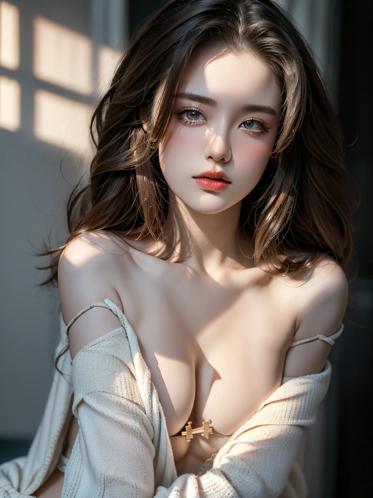Highest quality, masterpiece, Ultra-high resolution, (Realistic:1.5), RAW Photos, 1 Girl, (Off the shoulder, In the Dark, Deep Shadow), secret key, Cold Light, Sexy Looks, Small breasts、Loose off-shoulder chest、