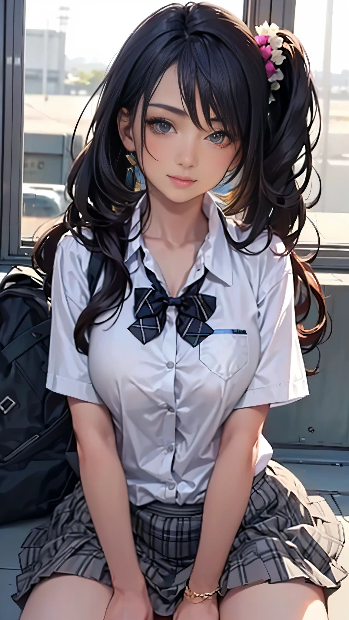 (masterpiece:1.2, Highest quality), (Realistic, photoRealistic:1.4), Beautiful illustrations,
View your viewers, whole body, Front view:0.6,
1 Girl, Japanese, high School girl, (Long Hair:1.5), Let your hair flutter, (Side Ponytail), Hair on one eye, Large Breasts:0.8,
Beautiful Hair, Beautiful Face, Beautiful attention to detail, Beautiful clavicle, Beautiful body, Beautiful breasts, Beautiful thighs, Beautiful feet, Beautiful fingers,
(Beautiful views), School,
((Collared short-sleeved shirt, White shirt, , Grey plaid pleated skirt, Blue checked bow tie)), White panties,
(squat, , Lift up your skirt, Grab the hem of the skirt, Place your hand on your chest, Hands between legs, ,
