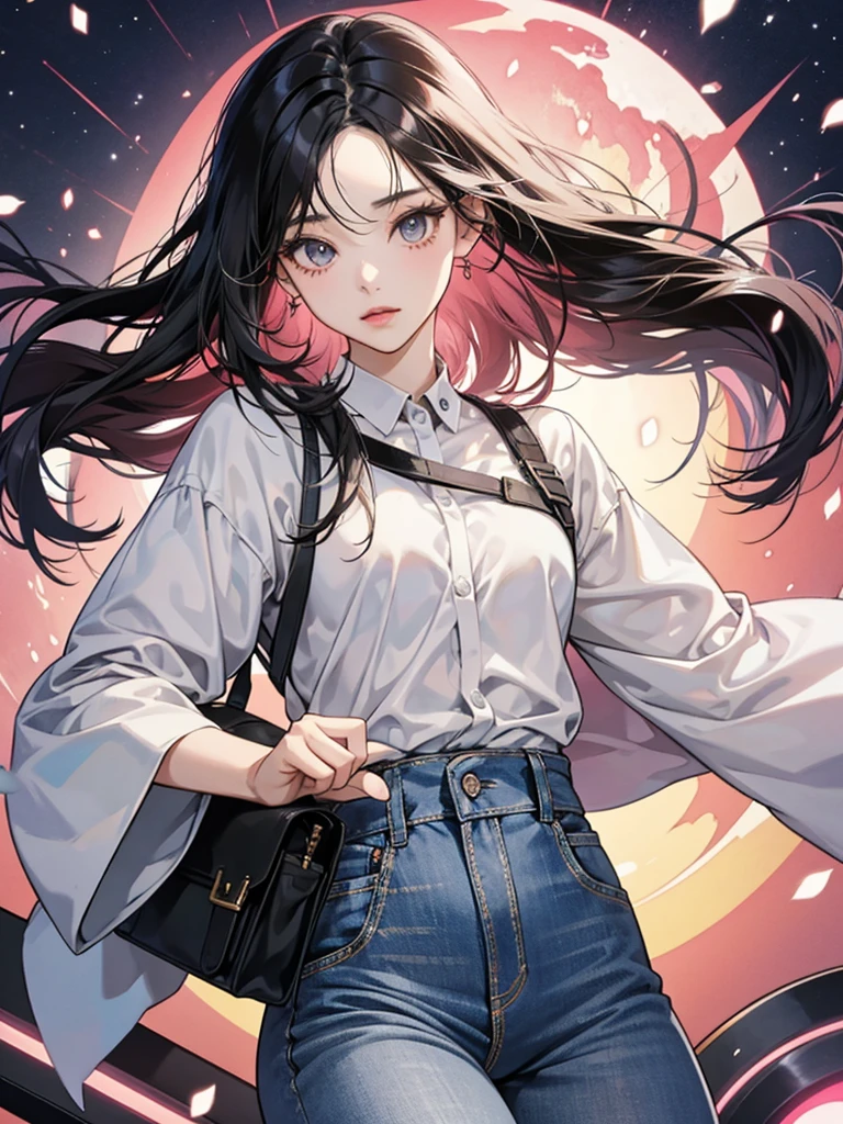 In manhwa art style young Korean woman 29s. Her hair is long and black color. Her face is oval than it is long, which carry a warm , expressive face. Her skin is radiant and clear, and her thin lips is pink. Small grey color eyes are captivating and misterios. She is wearing a jeans and white buttoned blouse while inside his photographic studio