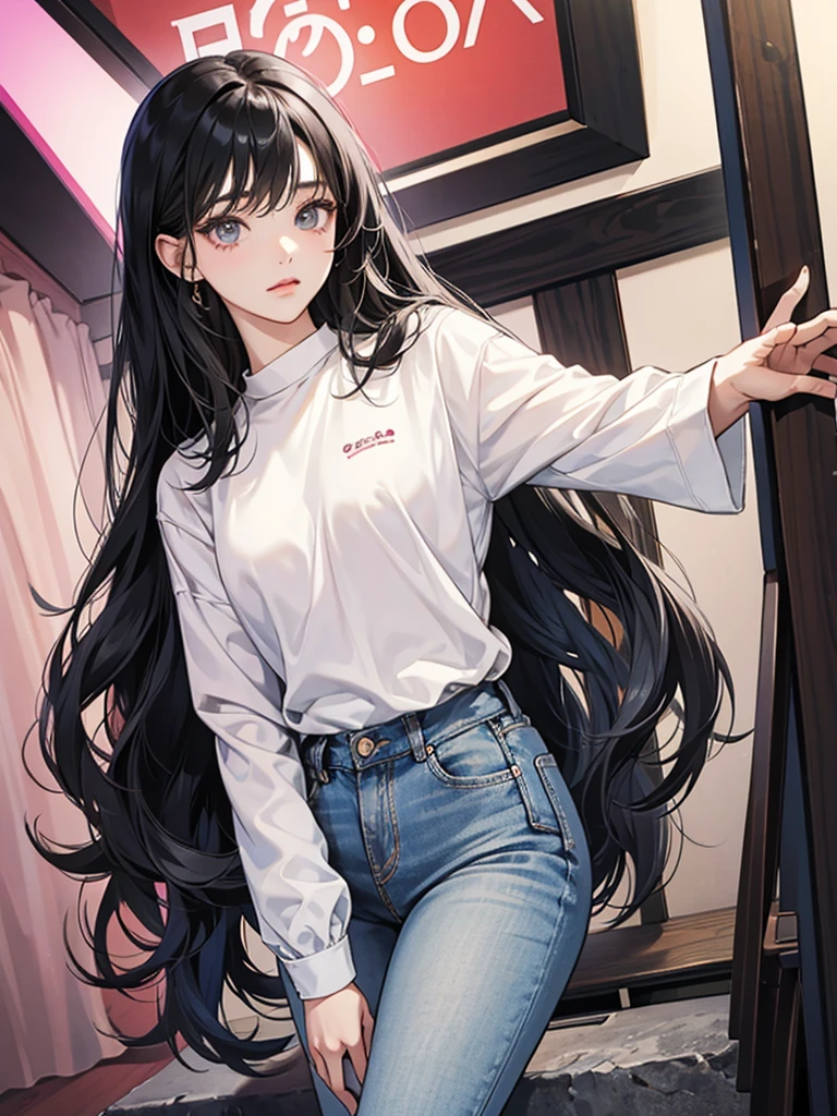 In manhwa art style young Korean woman 29s. Her hair is long and black color. Her face is oval than it is long, which carry a warm , expressive face. Her skin is radiant and clear, and her thin lips is pink. Small grey color eyes are captivating and misterios. She is wearing a jeans and white buttoned blouse while inside his photographic studio
