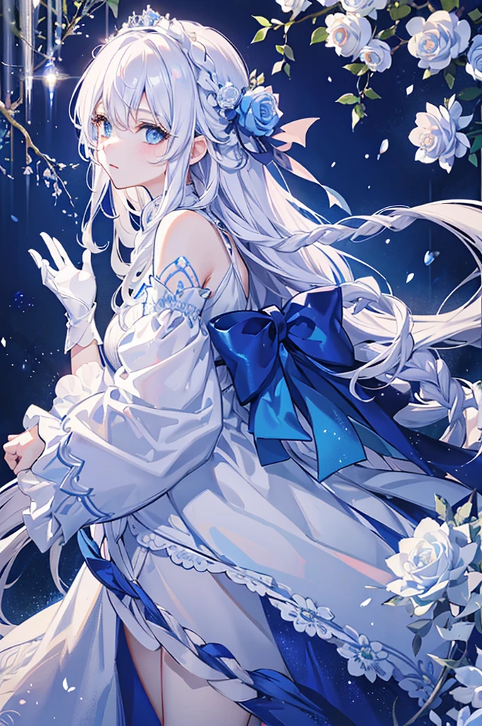 White hair and blue eyes、adult、Slightly droopy eyes、Long, fluffy wavy hair、Braiding、Wearing hair ornaments、Princess、White gloves、Blue roses and white roses、Wearing a lace dress、Being in the water、Fantasy