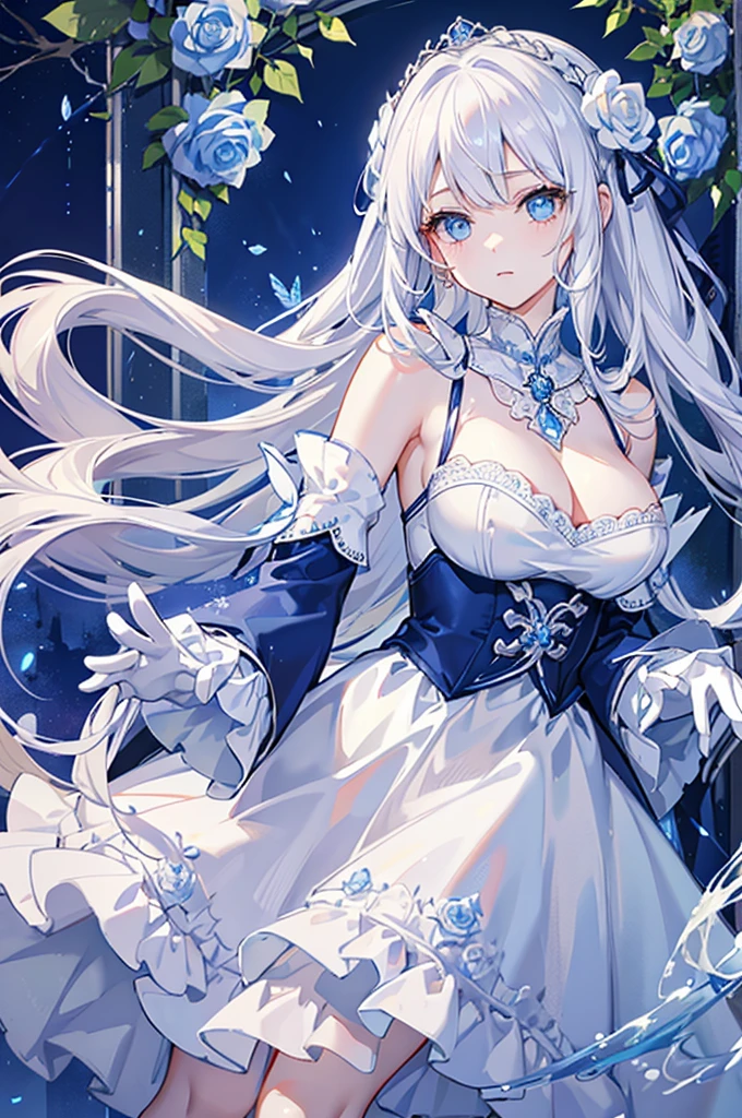 White hair and blue eyes、adult、Slightly droopy eyes、Long, fluffy wavy hair、Braiding、Wearing hair ornaments、Princess、White gloves、Blue roses and white roses、Wearing a lace dress、Being in the water、Fantasy