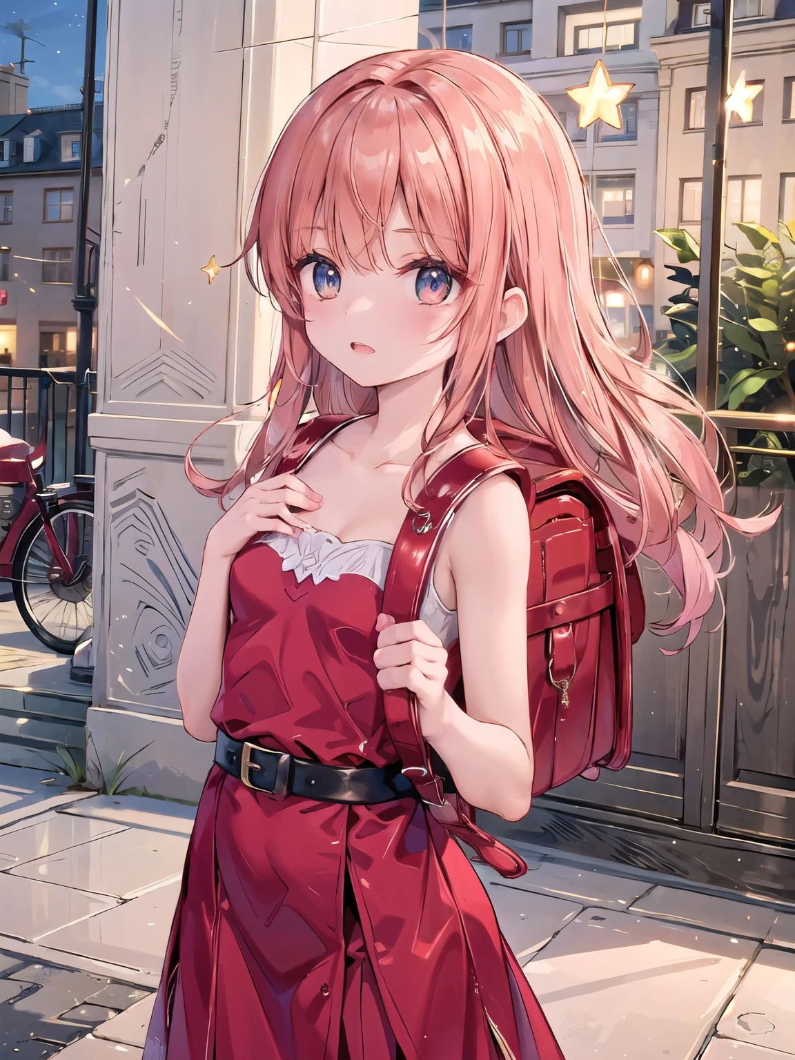 woman posing for a photo, (wearing sheath_dress:1.3),red dress, shiny dress,
good hand,4k, high-res, masterpiece, best quality, head:1.3,, collarbone, soft lighting, dynamic angle, [:(detailed face:1.2):0.2],(((5 stars hotel))), outside,   standing, wearing red backpack, (backpack:1.2)