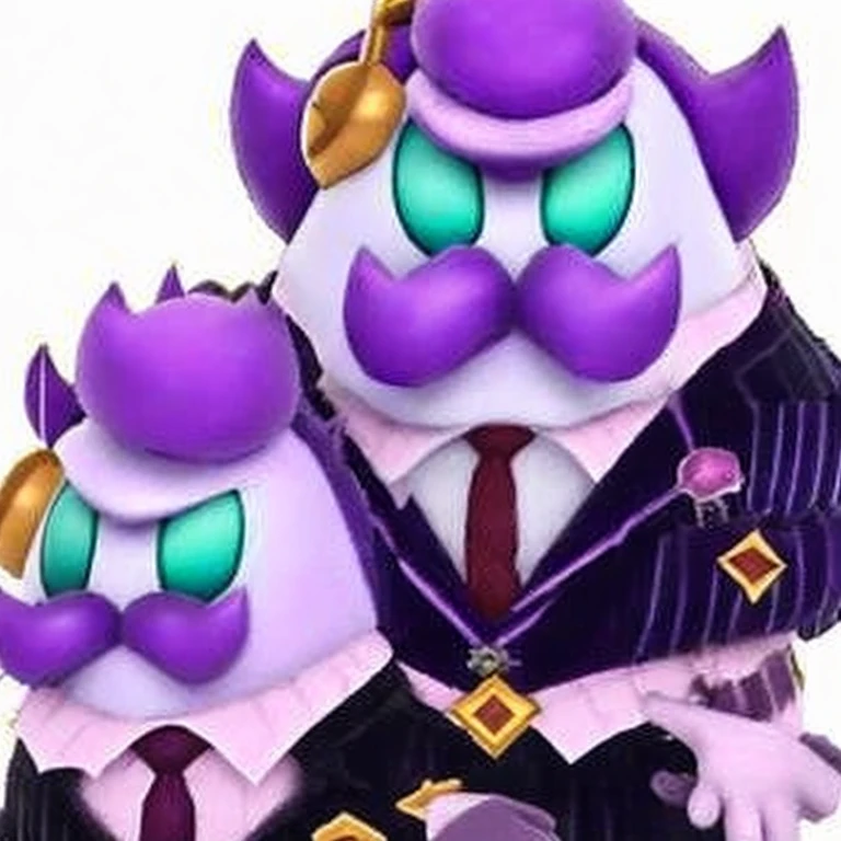 Haltmann, A cartoon character, angry look, purple hair, purple mustache, dressed in a dark blue suit with vertical pink lining, pink shirt, red tie, black shoes, cufflink and gold suit with a diamond red, pale purple skin, blue eyes, gold earpiece with antenna